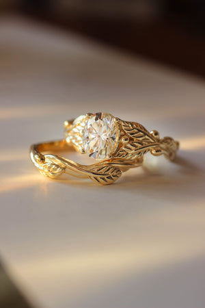 Lab grown diamond engagement ring, oval cut gemstone gold leaf promise ring / Cornus - Eden Garden Jewelry™