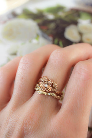 Bridal ring set with rose flower and diamonds - Eden Garden Jewelry™