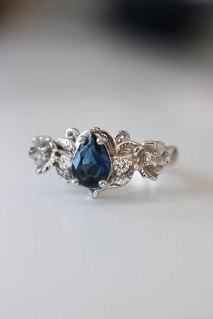 Blue sapphire and diamonds ring, flower engagement ring / Adelina - Eden Garden Jewelry™