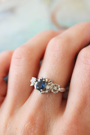 Blue sapphire and diamonds ring, flower engagement ring / Adelina - Eden Garden Jewelry™