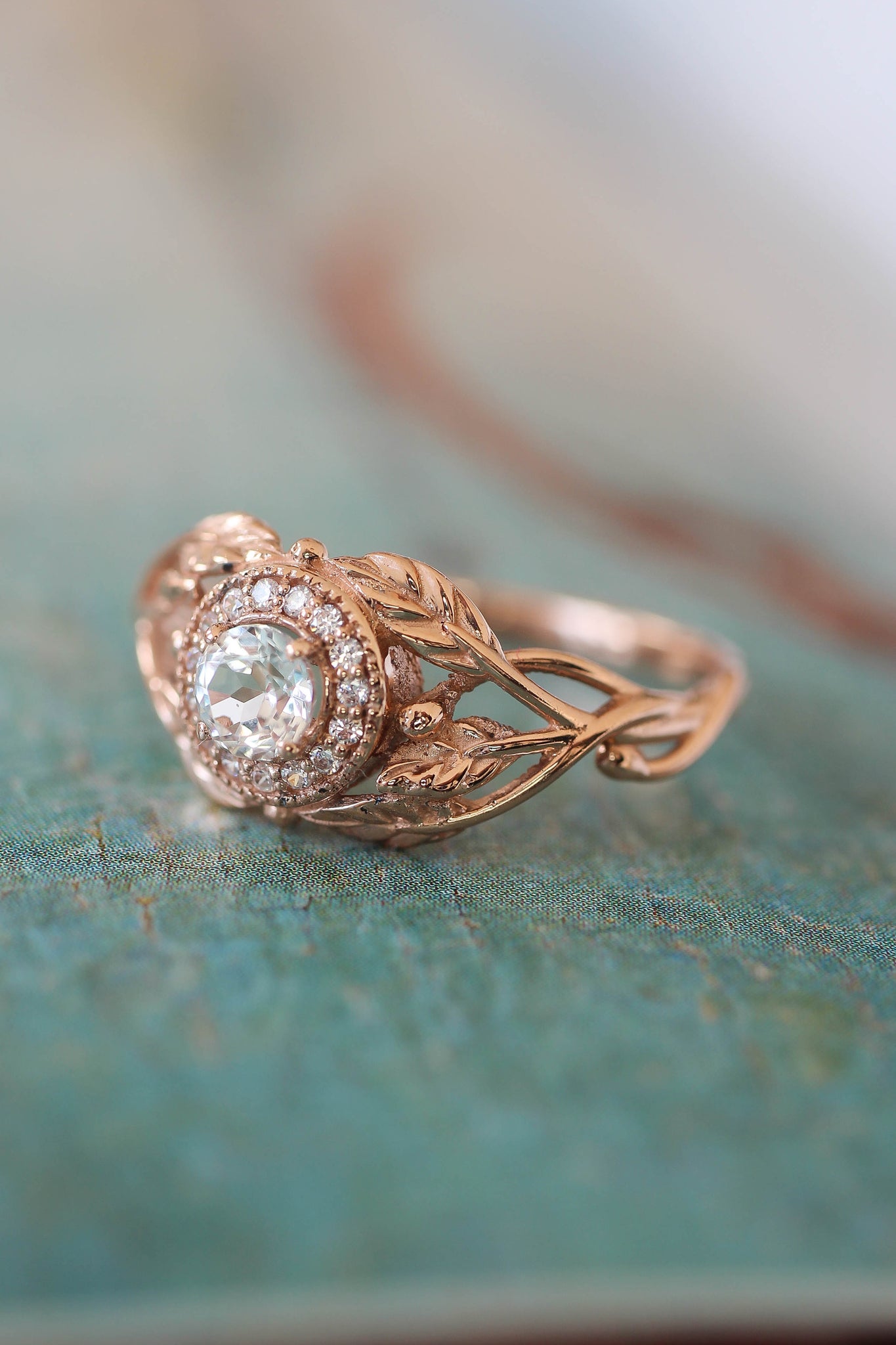 Tilia | leaf engagement ring setting with diamond halo - Eden Garden Jewelry™