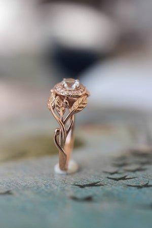 Leaf engagement ring with natural diamonds / Tilia halo - Eden Garden Jewelry™