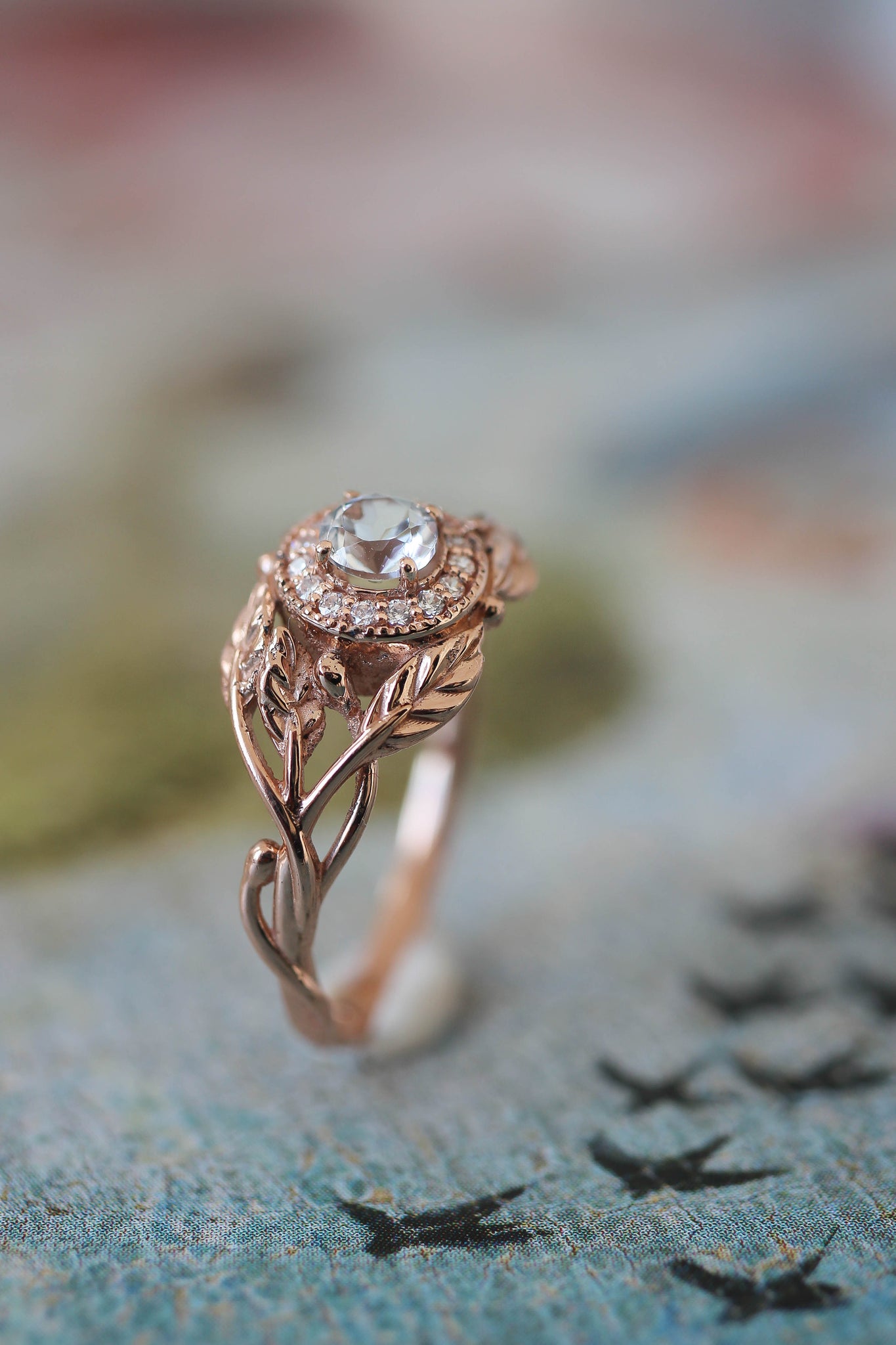 Leaf engagement ring with natural diamonds / Tilia halo - Eden Garden Jewelry™