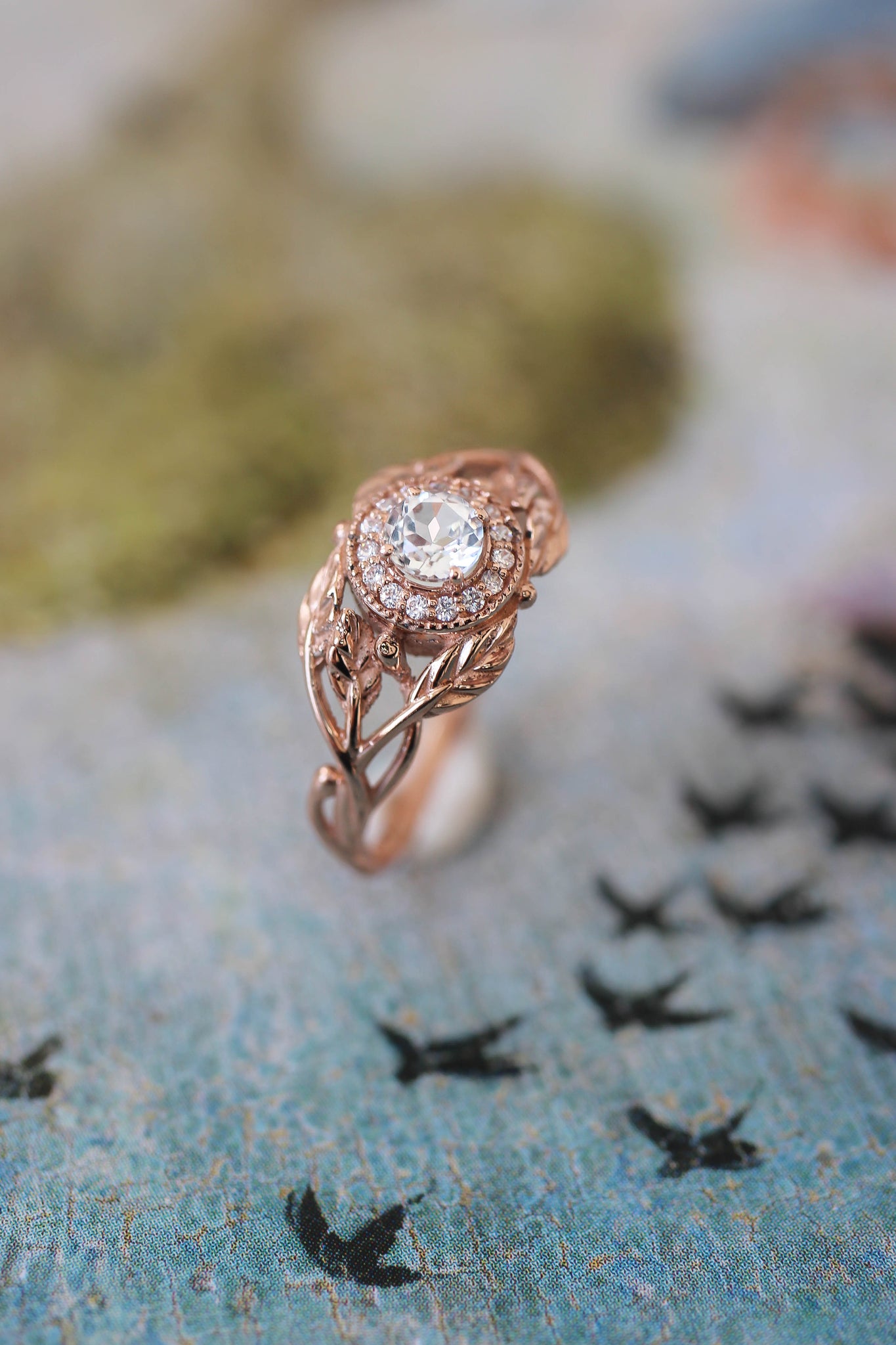 Tilia | leaf engagement ring setting with diamond halo - Eden Garden Jewelry™