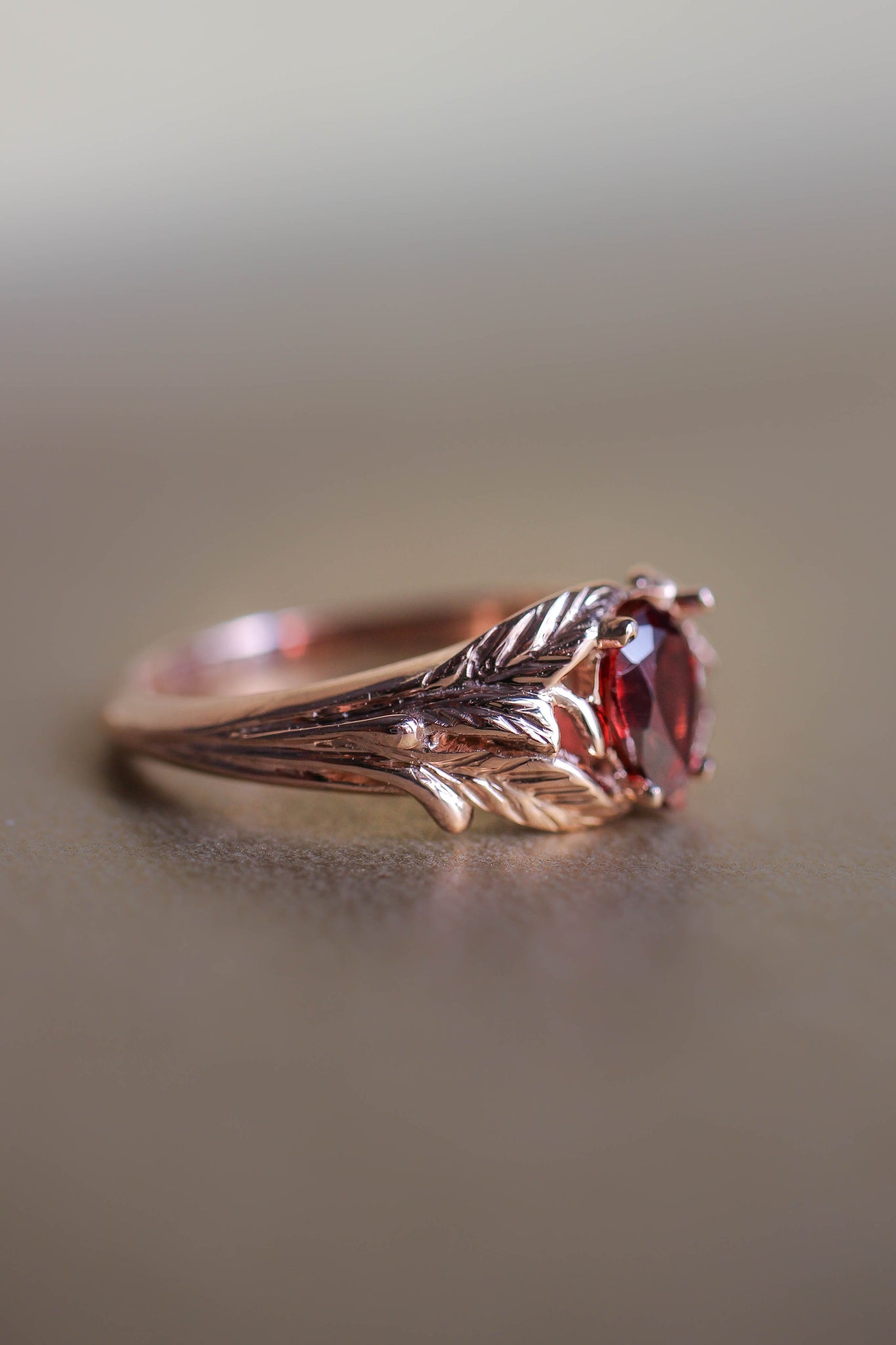 Leaf engagement ring with pear cut garnet / Wisteria - Eden Garden Jewelry™