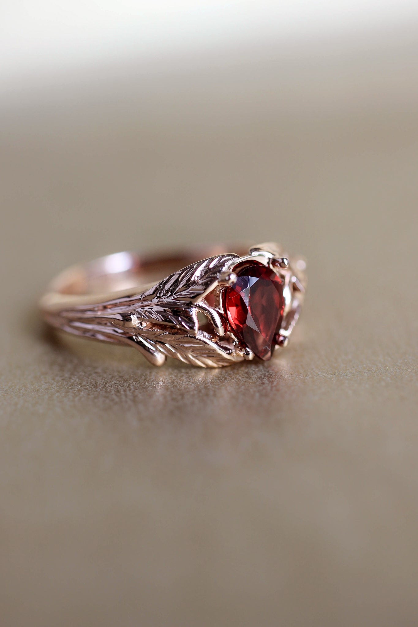 Leaf engagement ring with pear cut garnet / Wisteria - Eden Garden Jewelry™