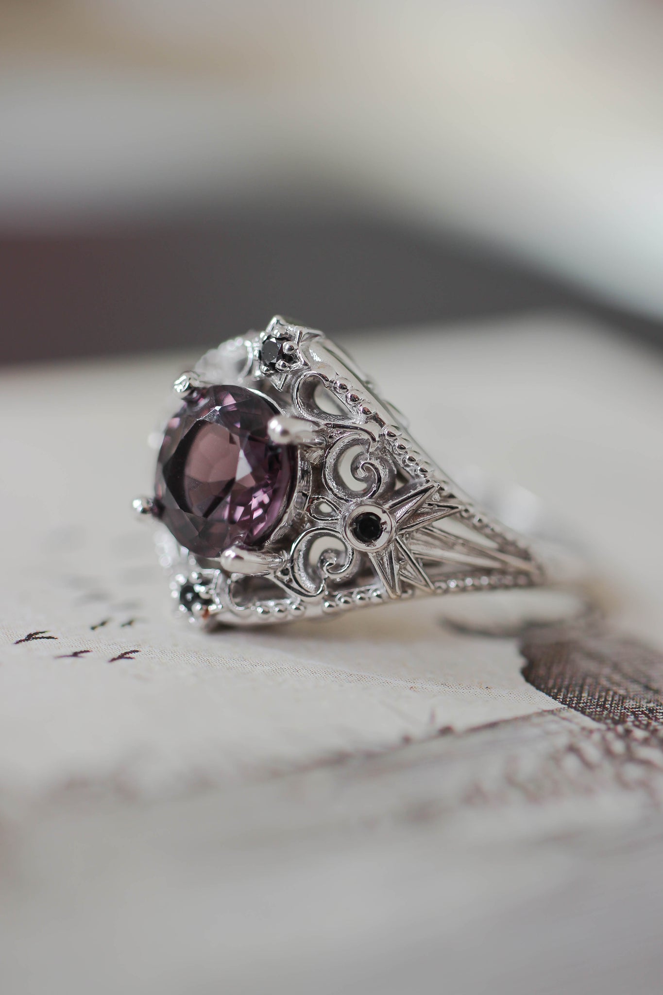 Purple spinel and black diamonds ring, stars engagement ring - Eden Garden Jewelry™