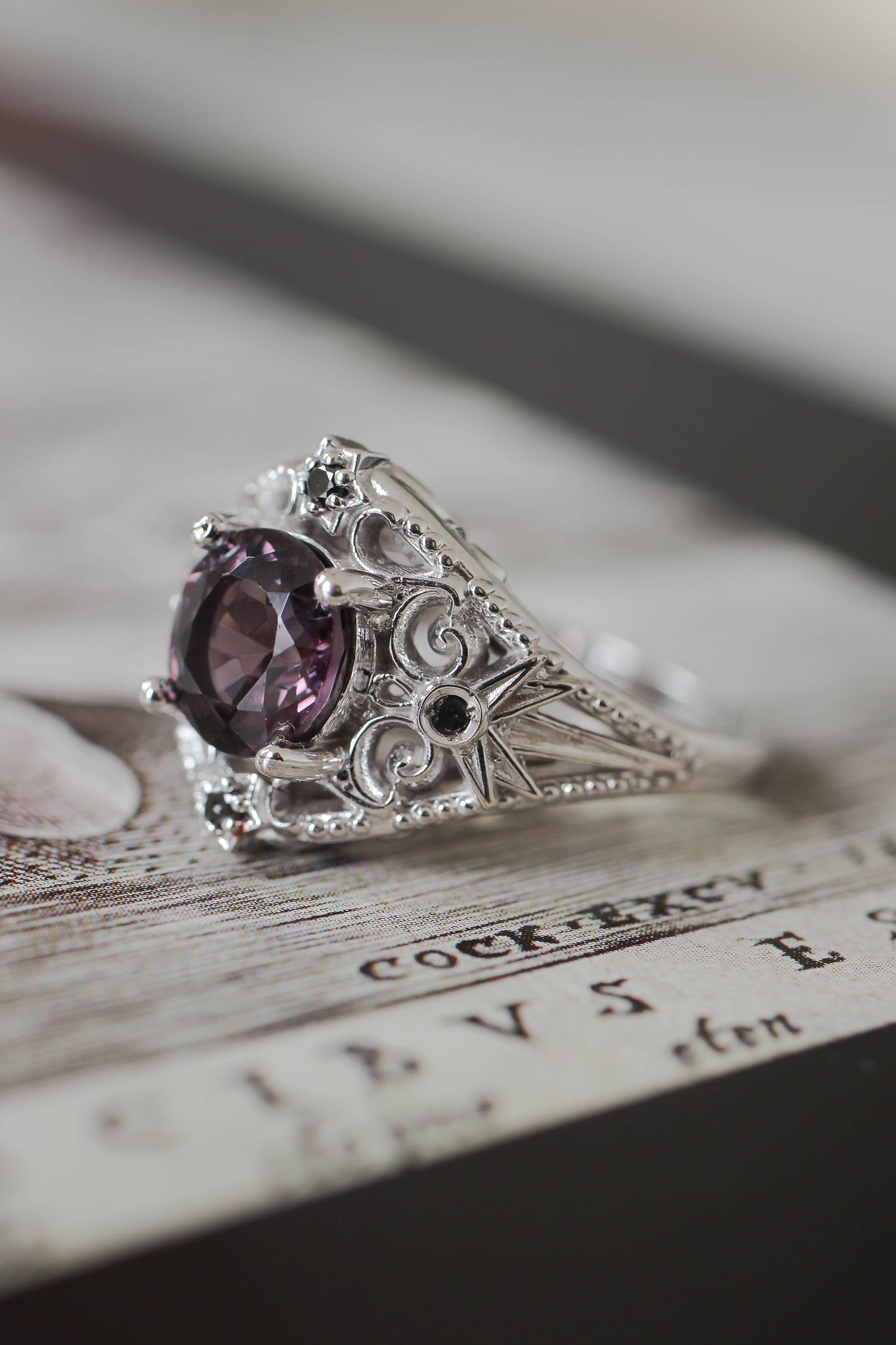 Purple spinel and black diamonds ring, stars engagement ring - Eden Garden Jewelry™