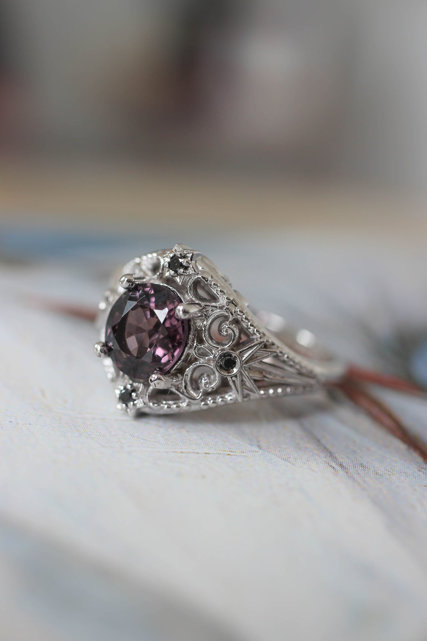 Purple spinel and black diamonds ring, stars engagement ring - Eden Garden Jewelry™