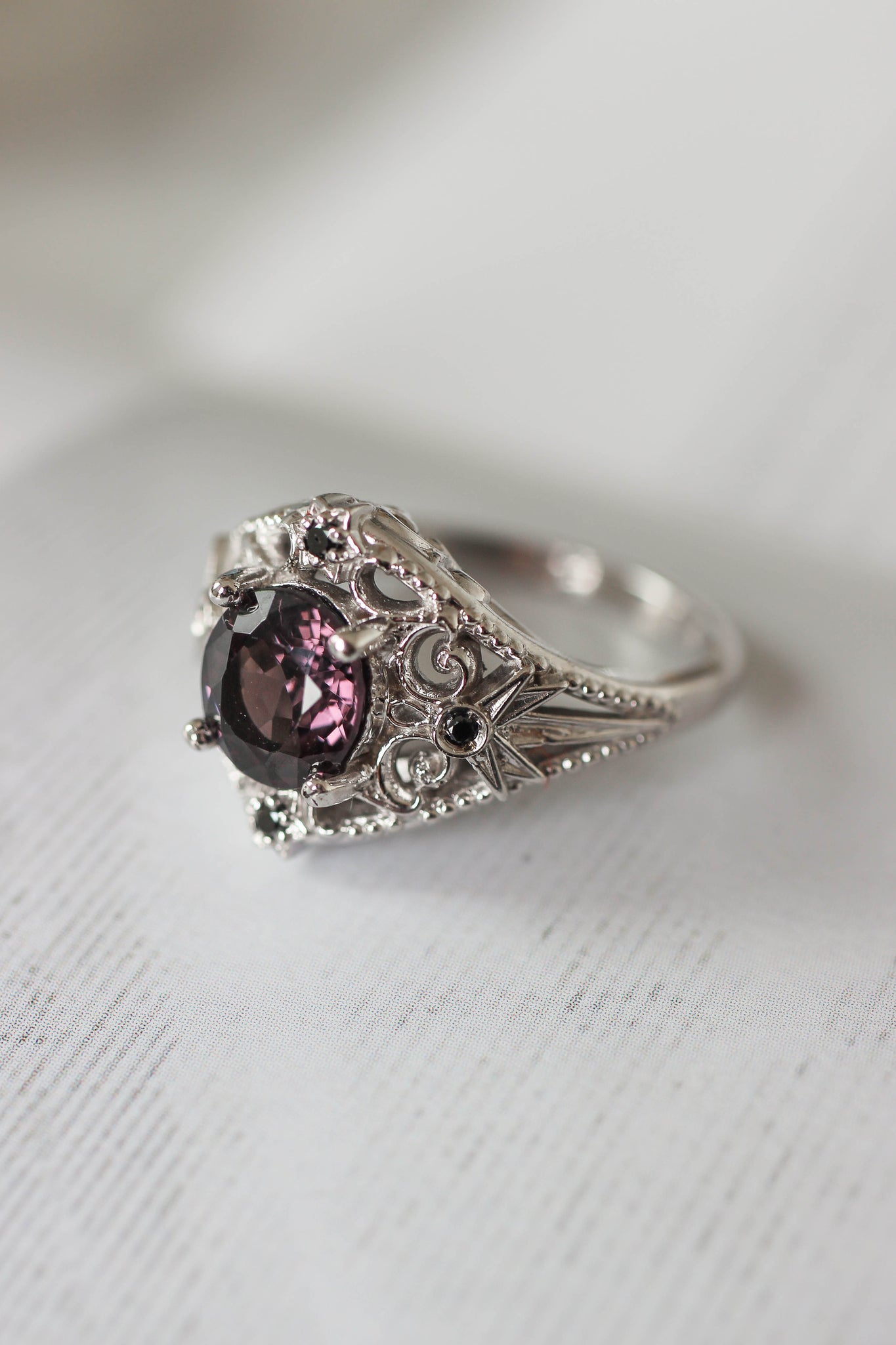 Purple spinel and black diamonds ring, stars engagement ring - Eden Garden Jewelry™