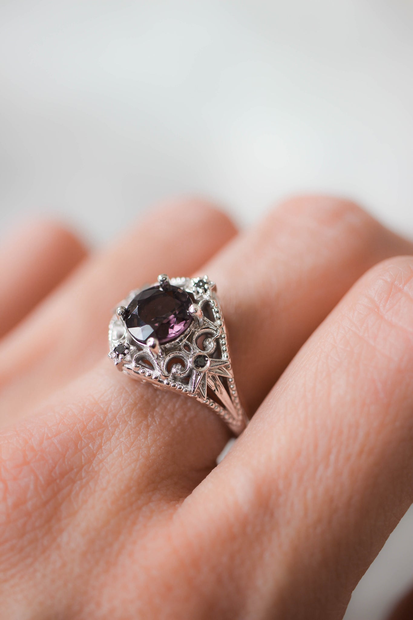 Purple spinel and black diamonds ring, stars engagement ring - Eden Garden Jewelry™