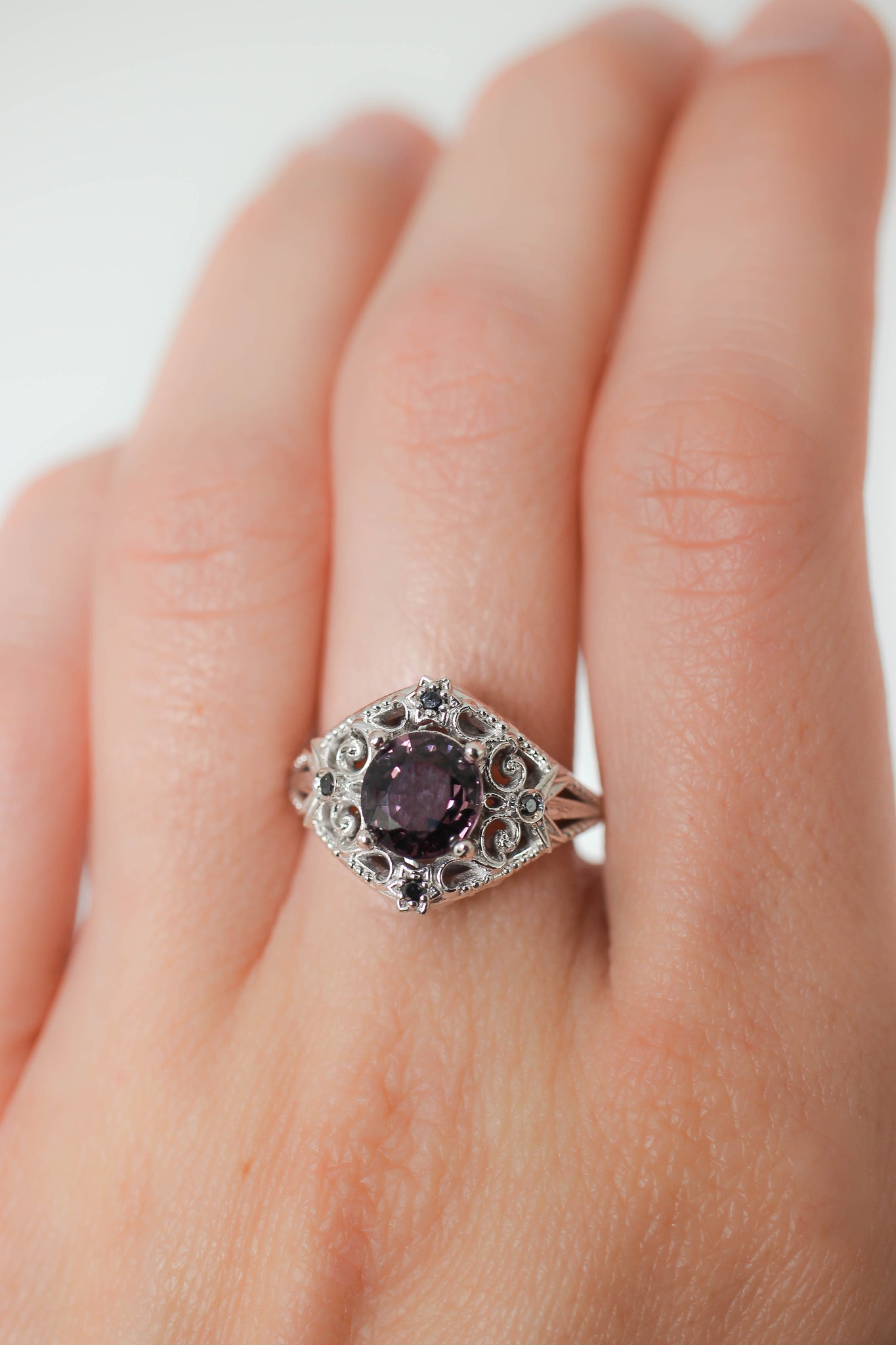 Purple spinel and black diamonds ring, stars engagement ring - Eden Garden Jewelry™