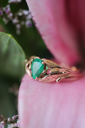 Pear cut emerald ring, leaves engagement ring / Wisteria - Eden Garden Jewelry™