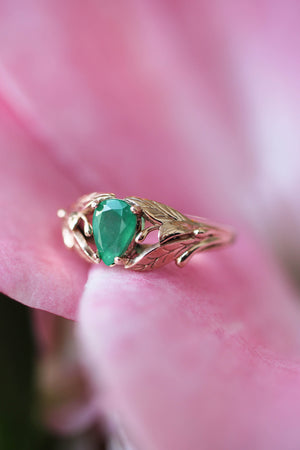 Pear cut emerald ring, leaves engagement ring / Wisteria - Eden Garden Jewelry™