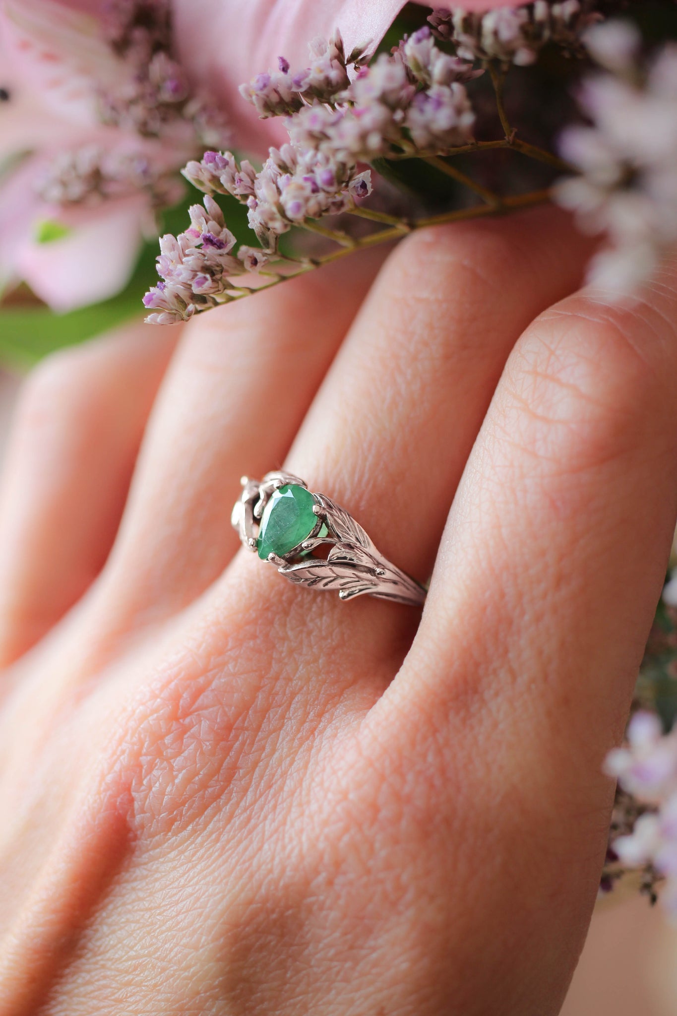 Pear cut emerald ring, leaves engagement ring / Wisteria - Eden Garden Jewelry™