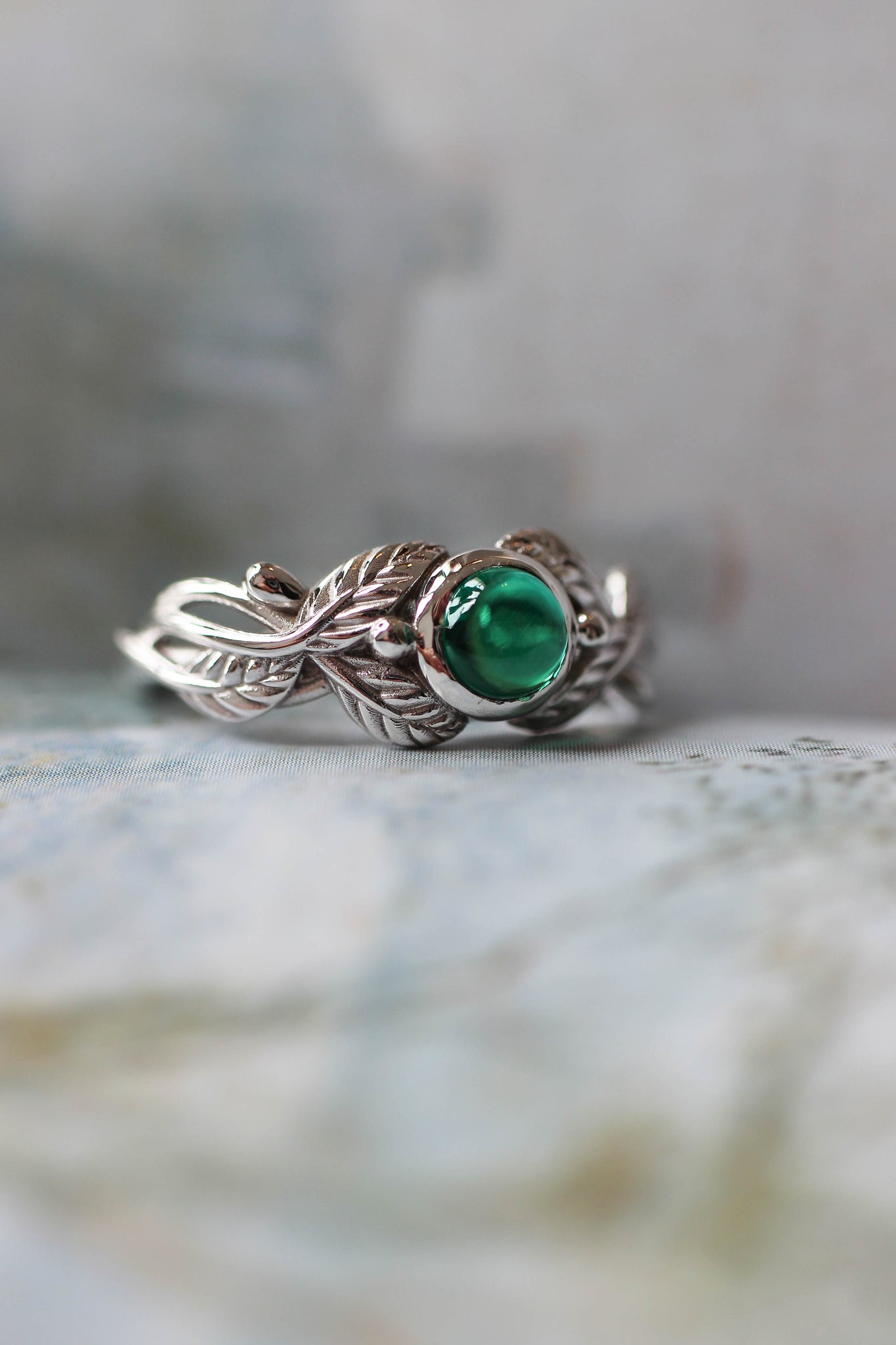 Lab emerald engagement ring / Cornus, round cabochon - Eden Garden Jewelry™