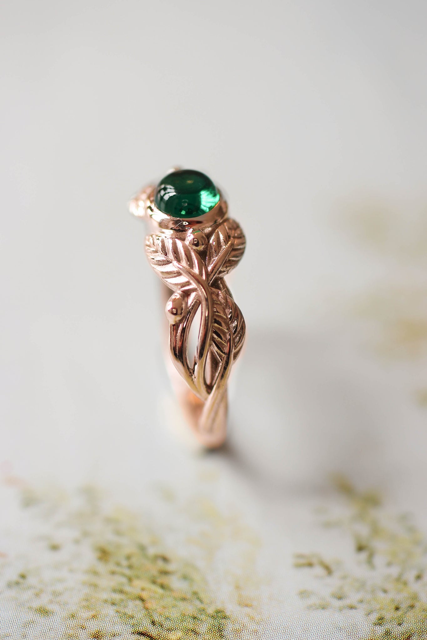 Lab emerald engagement ring / Cornus, round cabochon - Eden Garden Jewelry™