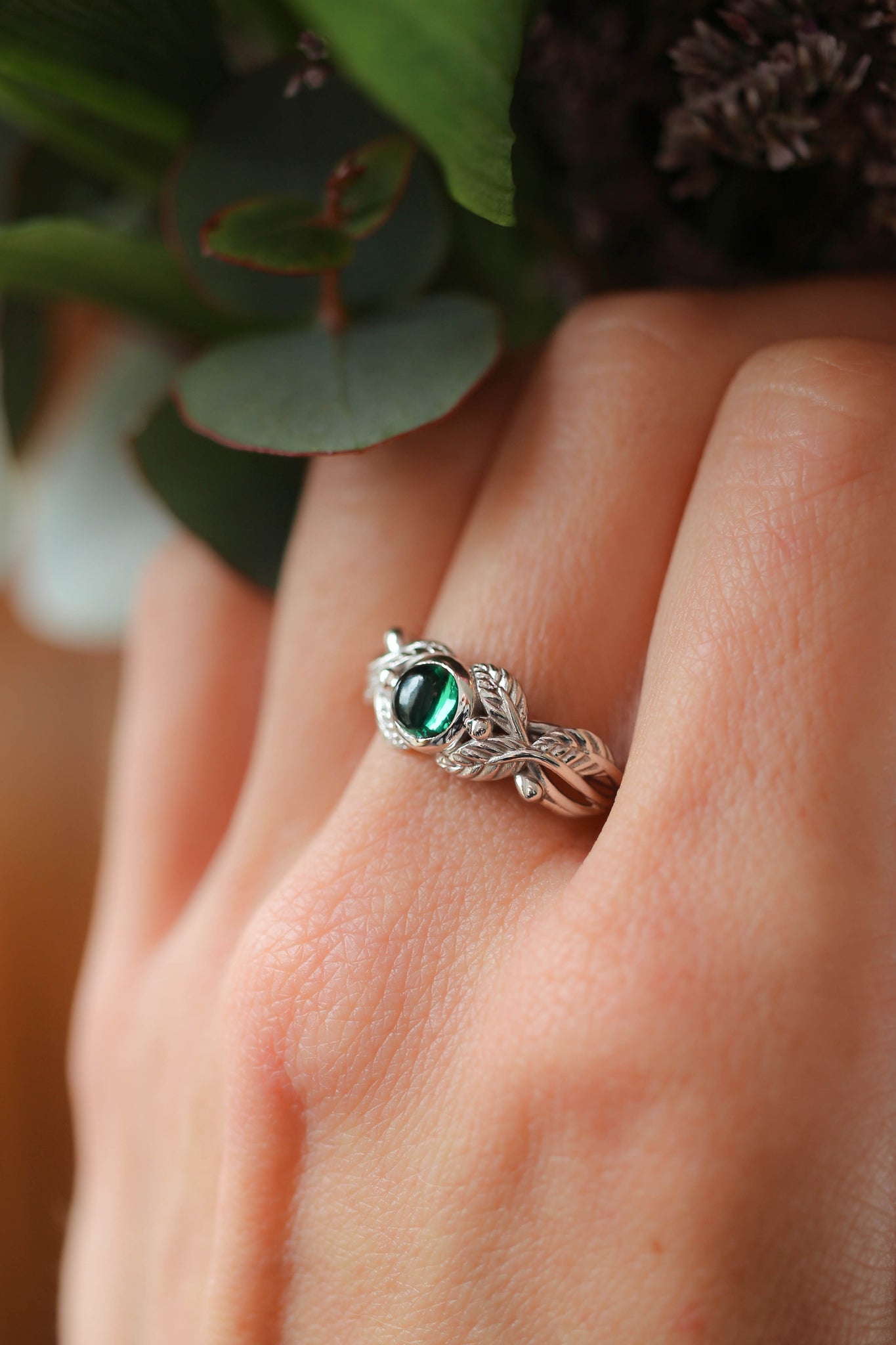 Lab emerald engagement ring / Cornus, round cabochon - Eden Garden Jewelry™