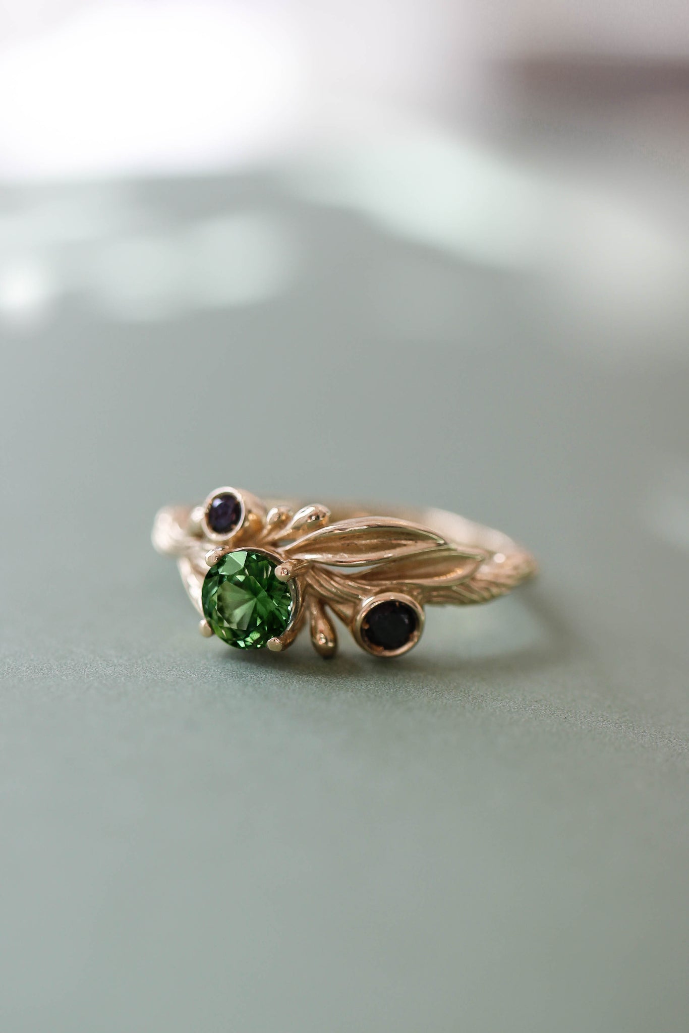 Olive branch ring with green tourmaline and black diamonds / Olivia - Eden Garden Jewelry™