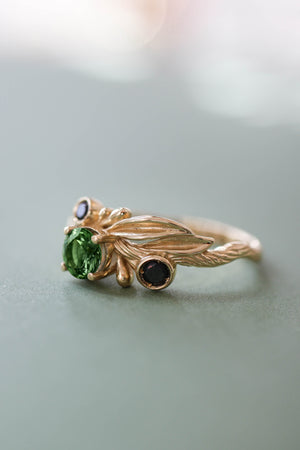 Olive branch ring with green tourmaline and black diamonds / Olivia - Eden Garden Jewelry™