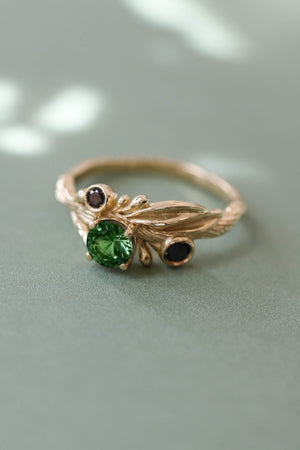 Olive branch ring with green tourmaline and black diamonds / Olivia - Eden Garden Jewelry™