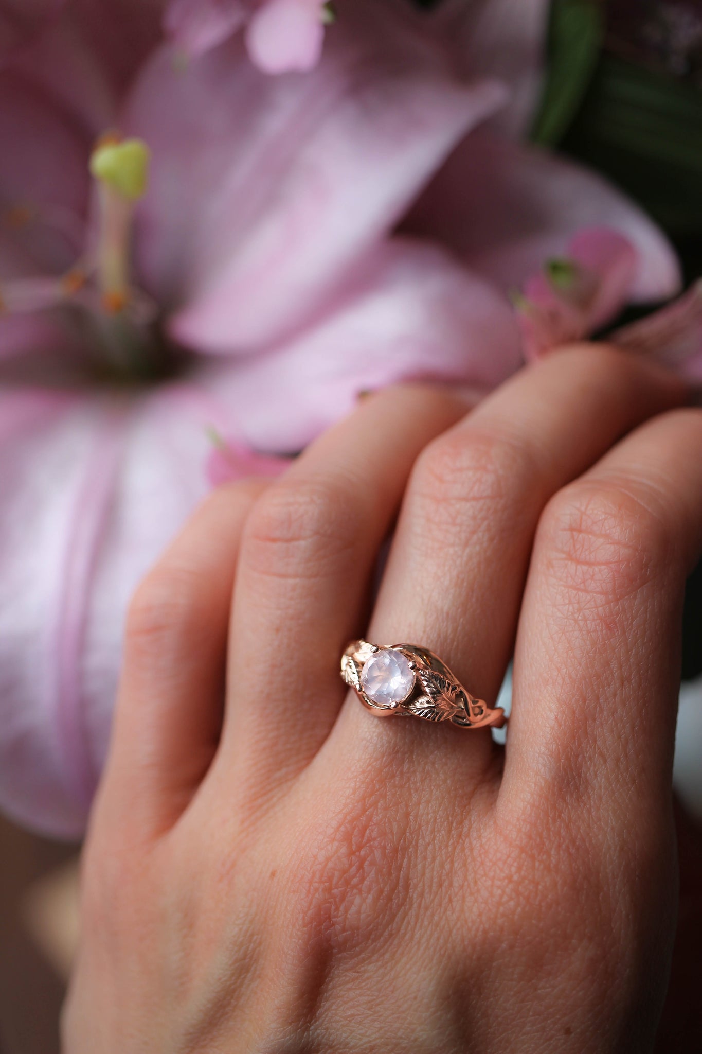 Rose quartz romantic engagement ring / Azalea - Eden Garden Jewelry™