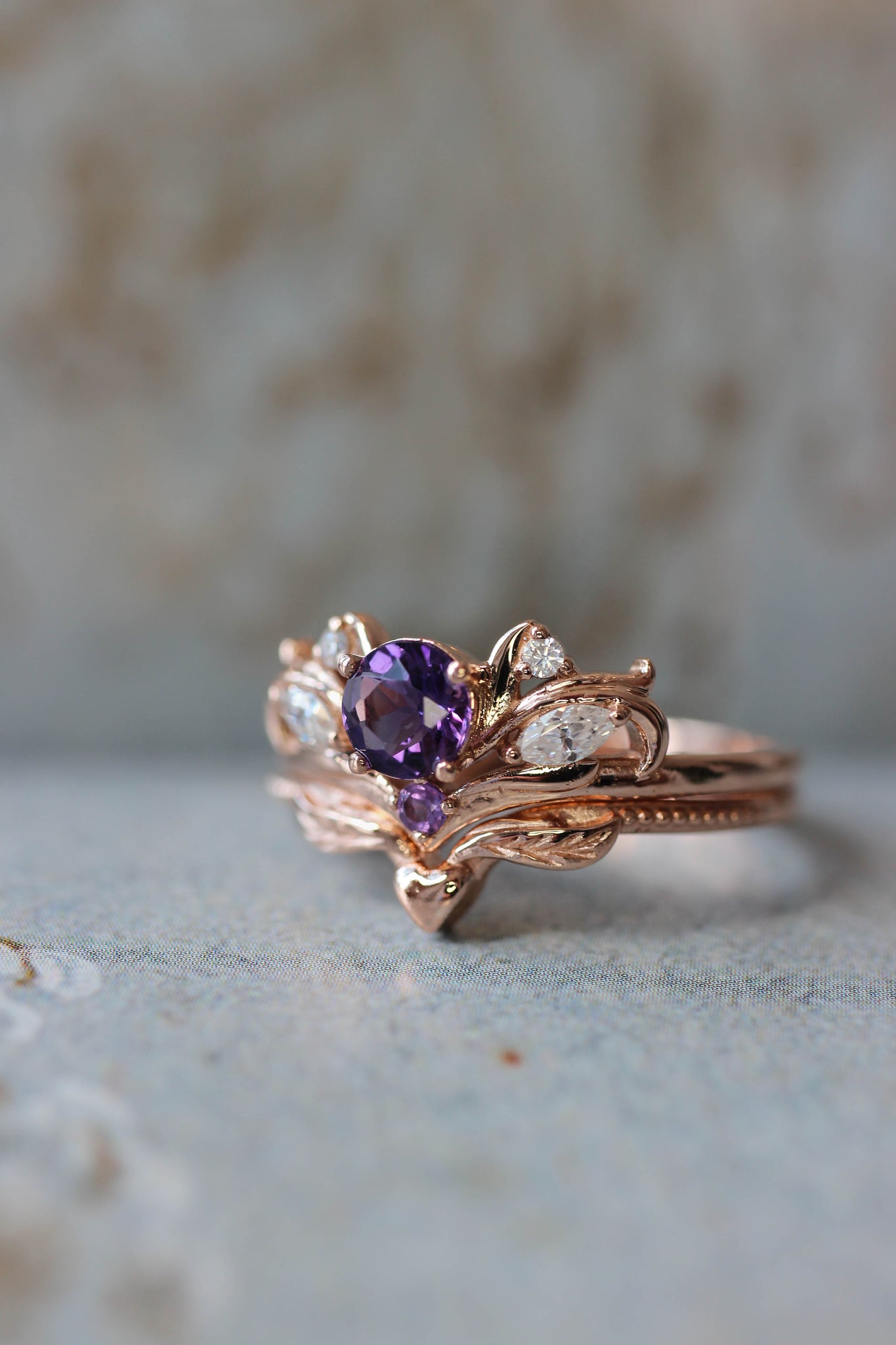 Bridal ring set with amethyst / Swanlake - Eden Garden Jewelry™