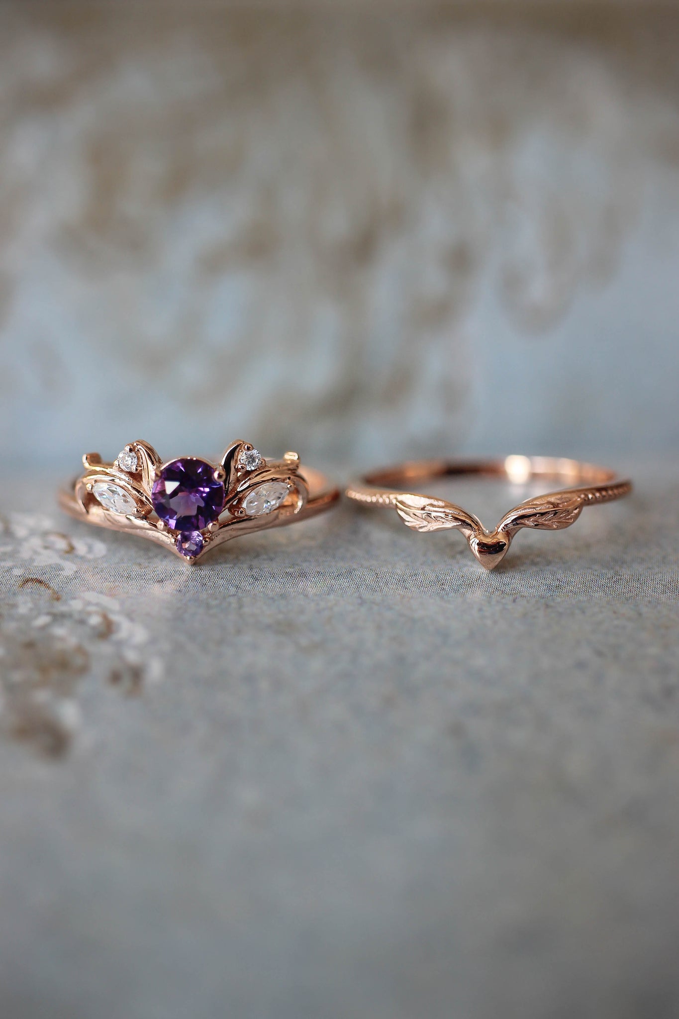 Bridal ring set with amethyst / Swanlake - Eden Garden Jewelry™