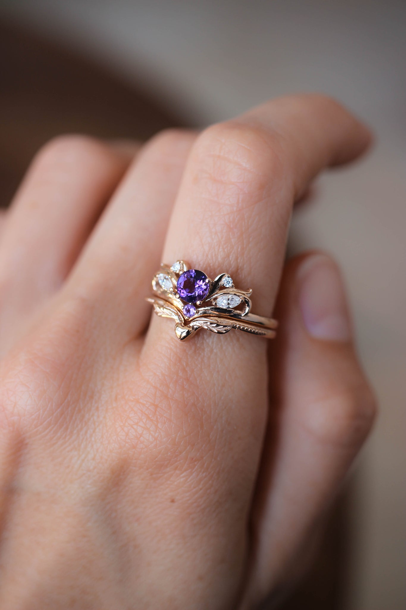 Bridal ring set with amethyst / Swanlake - Eden Garden Jewelry™