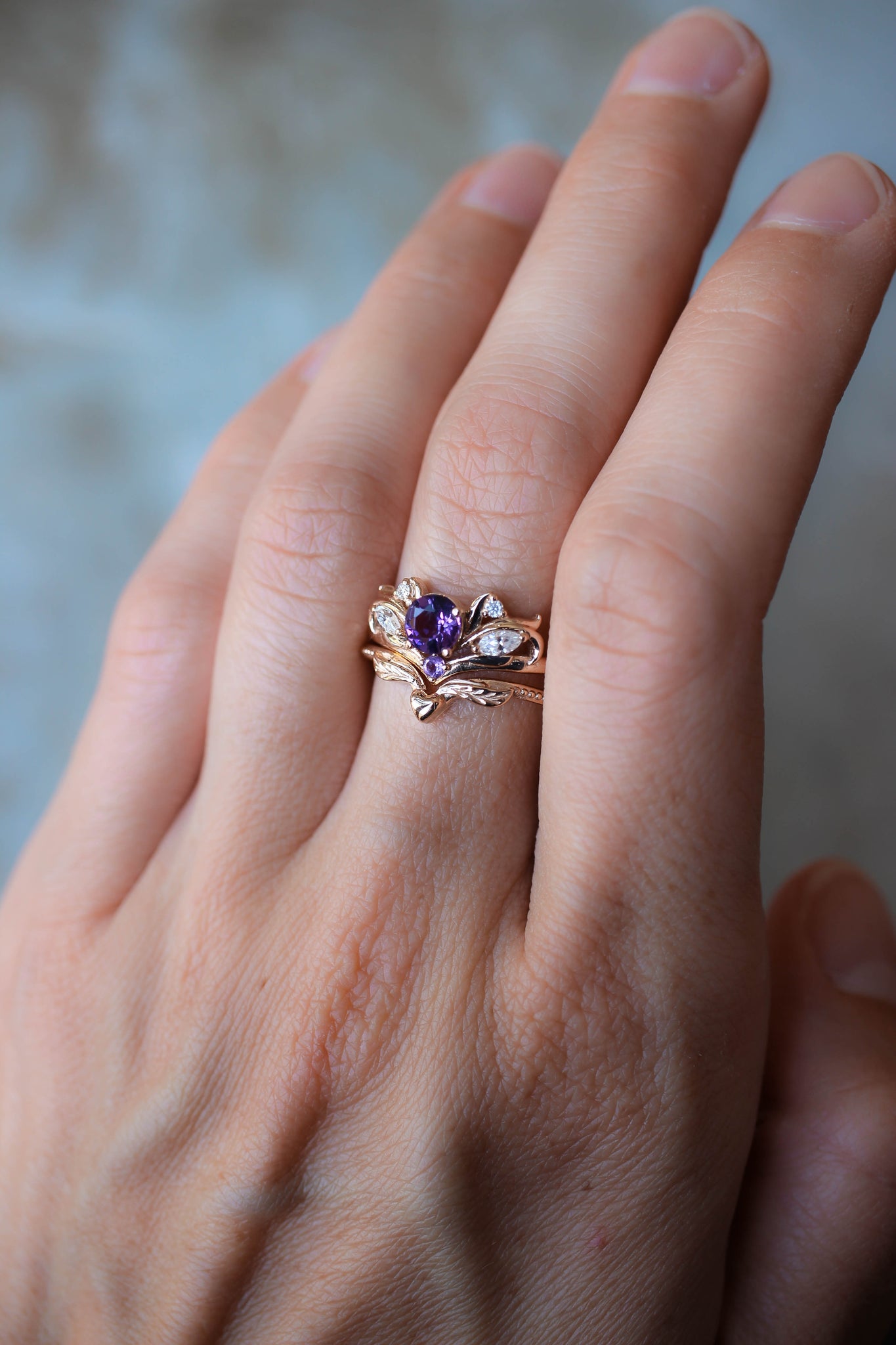 Bridal ring set with amethyst / Swanlake - Eden Garden Jewelry™