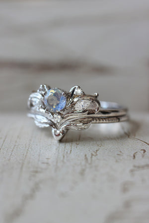 Moonstone and moissanites bridal ring set / Swanlake - Eden Garden Jewelry™