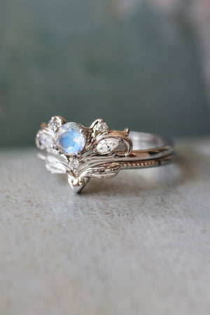 Bridal ring set with rainbow moonstone / Swanlake - Eden Garden Jewelry™