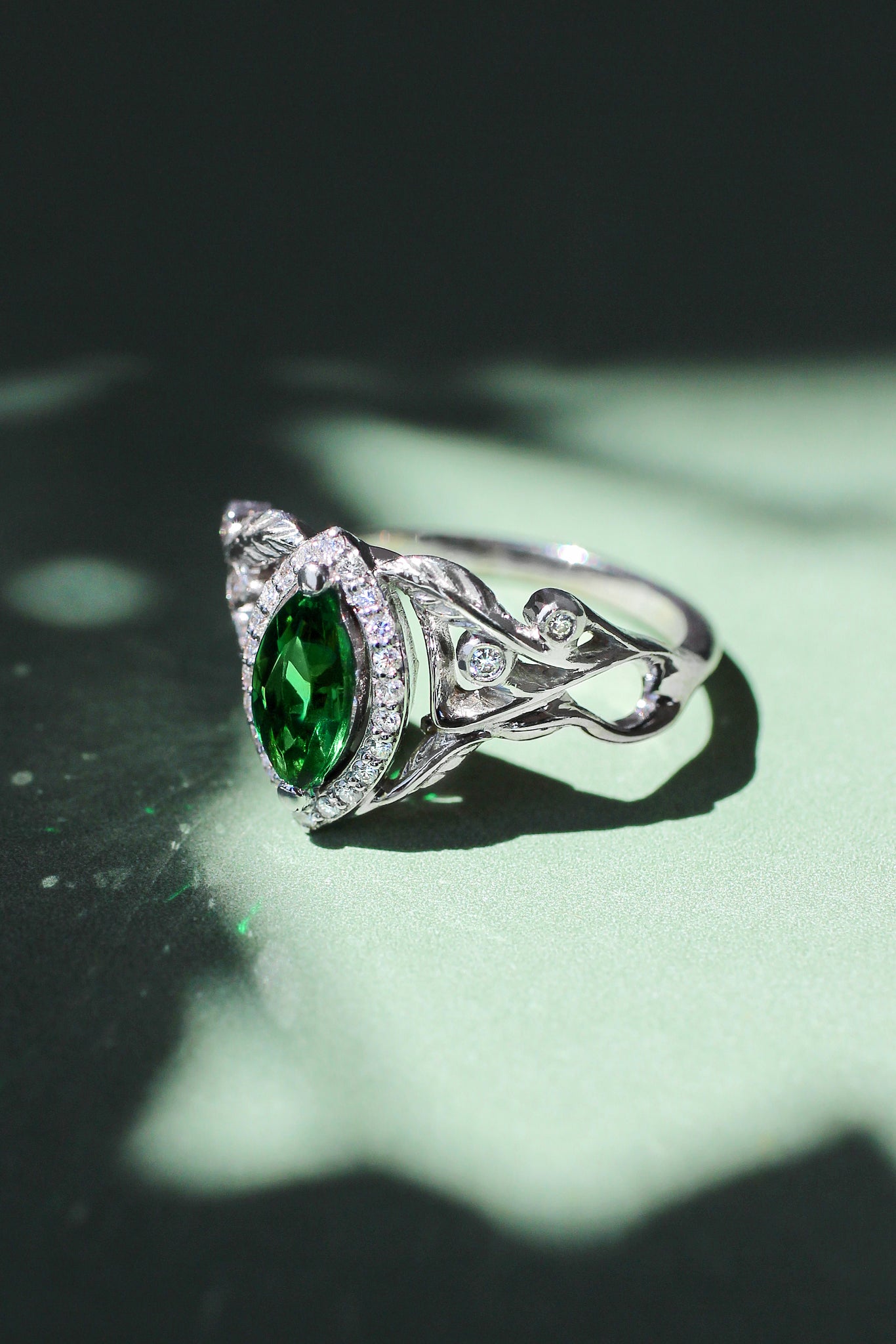 Marquise engagement ring with lab emerald and diamond halo / Callisto - Eden Garden Jewelry™