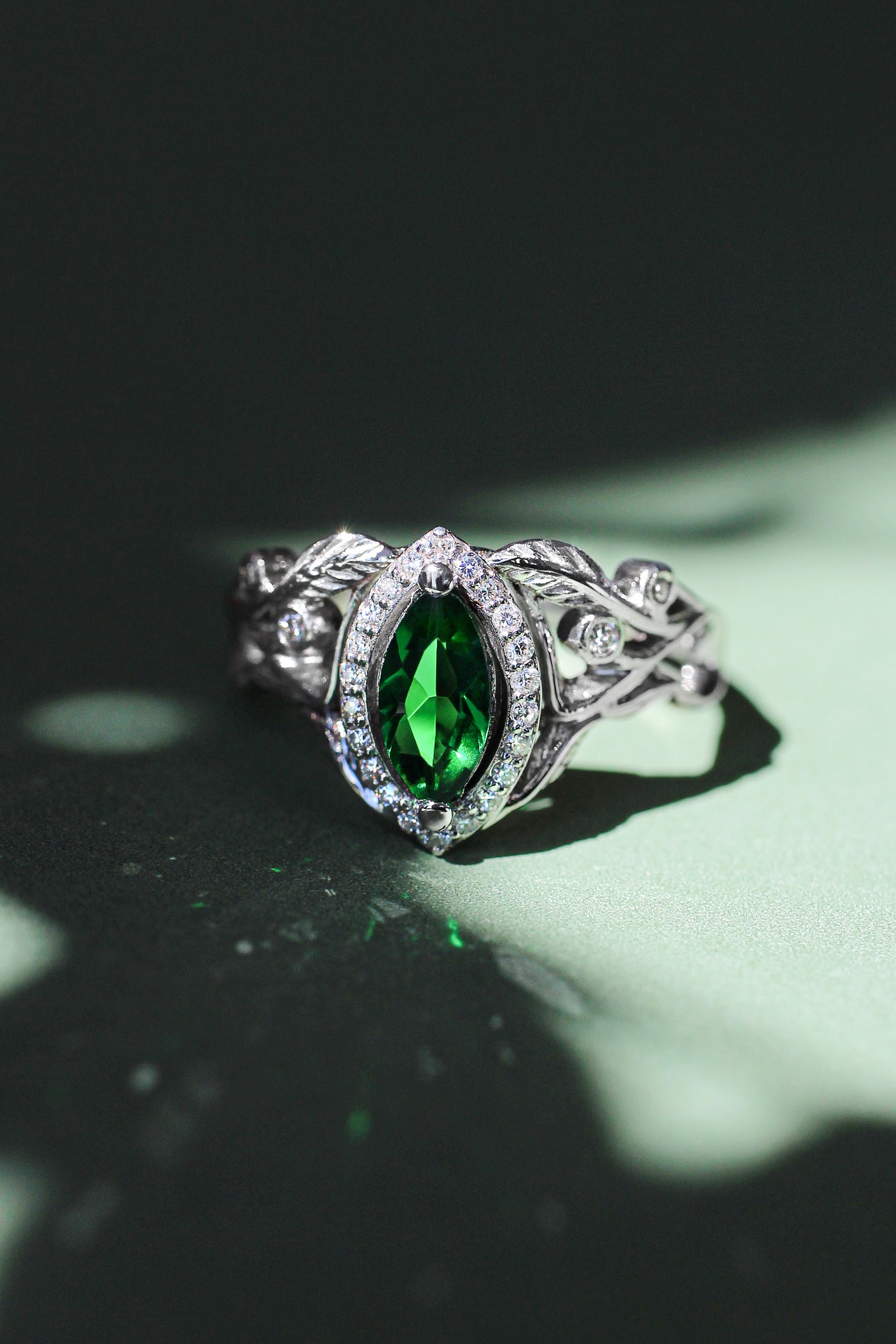 Marquise engagement ring with lab emerald and diamond halo / Callisto - Eden Garden Jewelry™