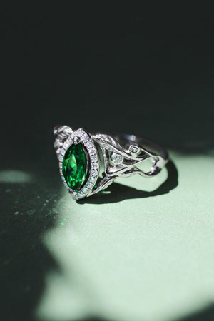 Marquise engagement ring with lab emerald and diamond halo / Callisto - Eden Garden Jewelry™