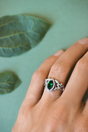 Marquise engagement ring with lab emerald and diamond halo / Callisto - Eden Garden Jewelry™