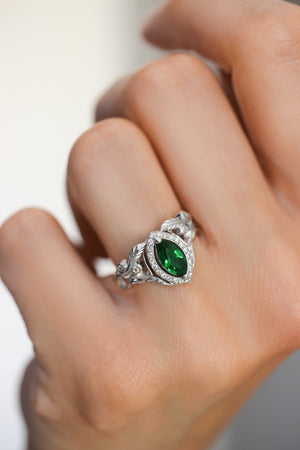 Marquise engagement ring with lab emerald and diamond halo / Callisto - Eden Garden Jewelry™