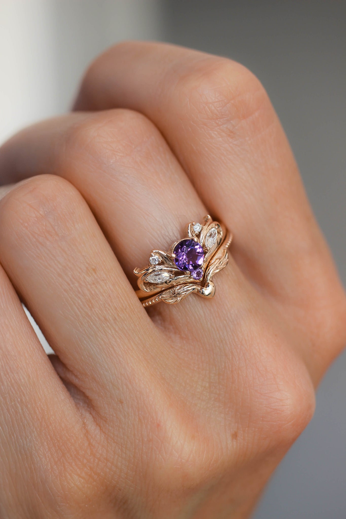 Bridal ring set with amethyst / Swanlake - Eden Garden Jewelry™