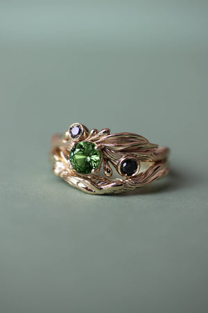 Olive branch ring with green tourmaline and black diamonds / Olivia - Eden Garden Jewelry™