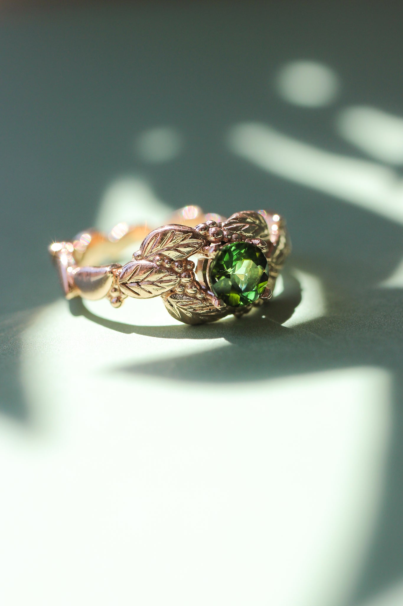 Green tourmaline engagement ring, leaves and grains ring - Eden Garden Jewelry™