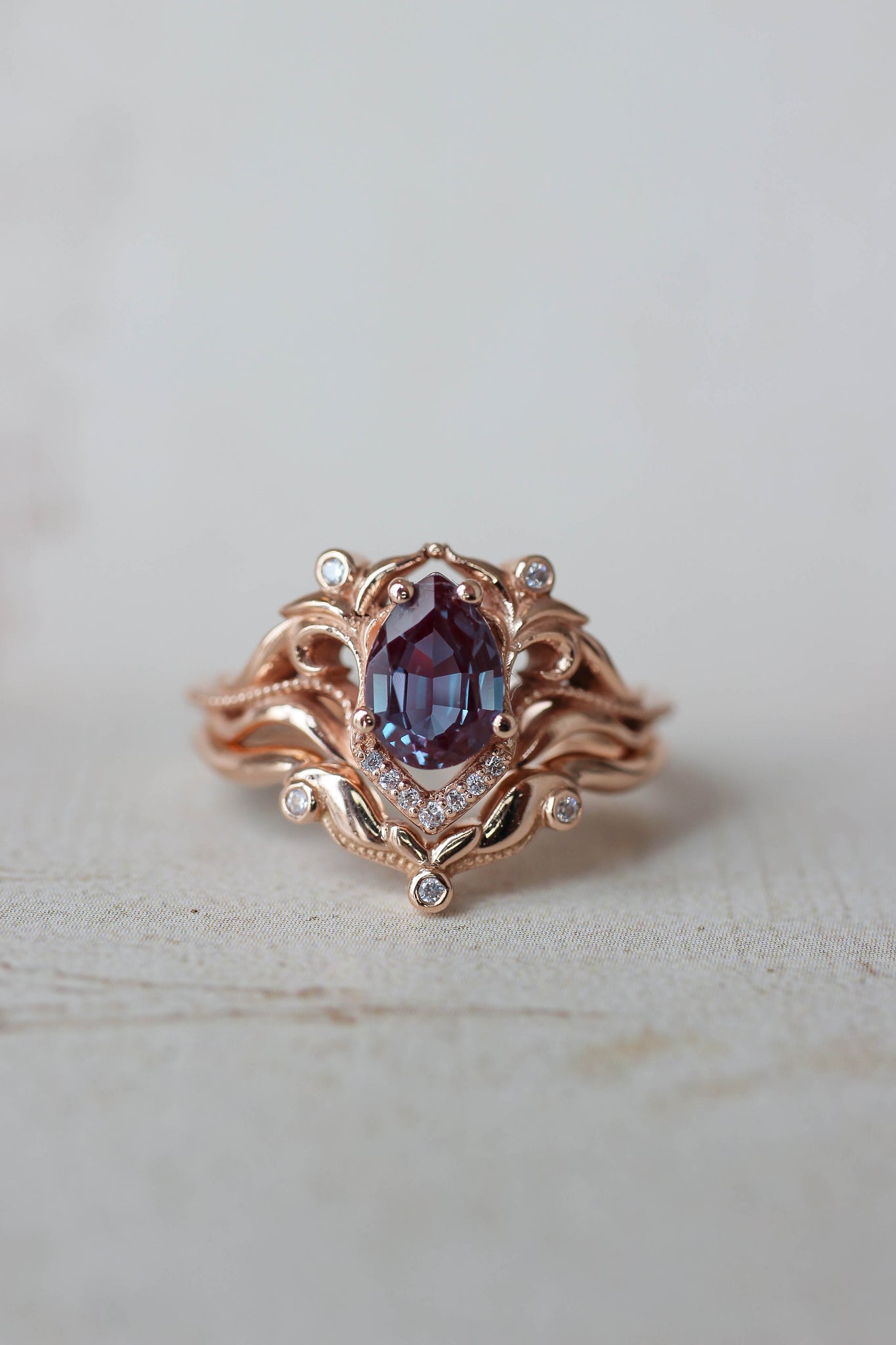 READY TO SHIP: Lida small in 14K rose gold, 7x5 mm pear cut lab alexandrite, moissanites, RING SIZE 5 US - Eden Garden Jewelry™