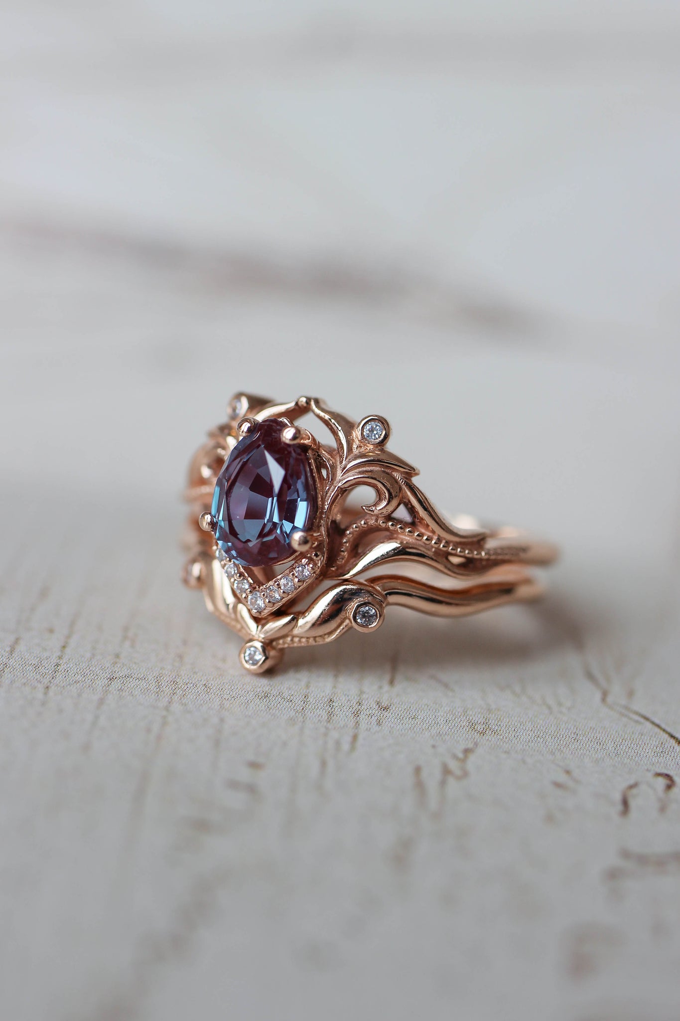 READY TO SHIP: Lida small in 14K rose gold, 7x5 mm pear cut lab alexandrite, moissanites, RING SIZE 5 US - Eden Garden Jewelry™