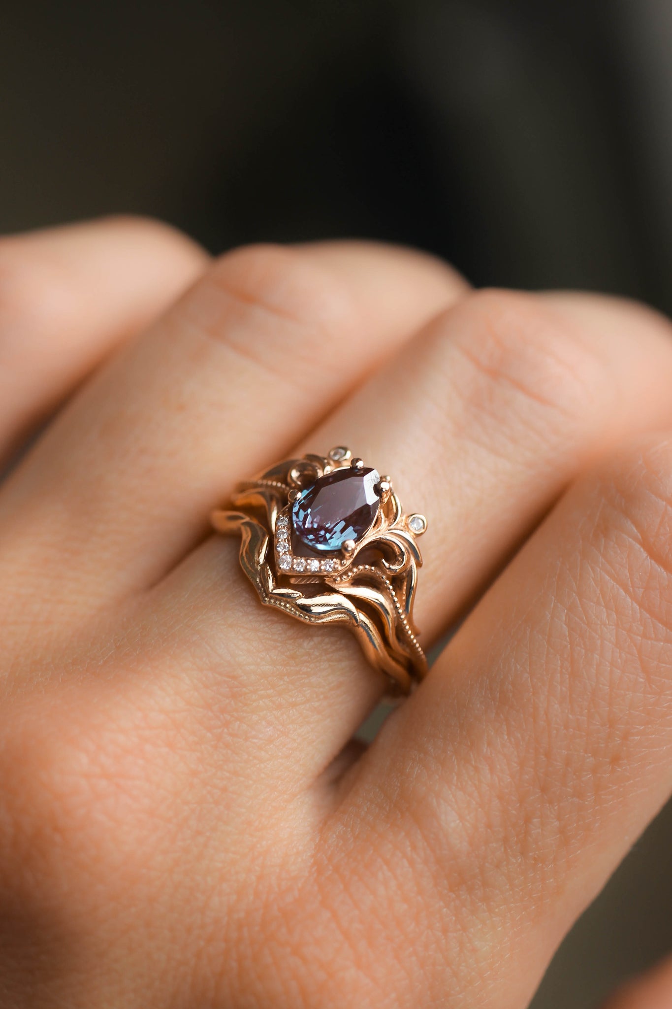 READY TO SHIP: Lida small in 14K rose gold, 7x5 mm pear cut lab alexandrite, moissanites, RING SIZE 5 US - Eden Garden Jewelry™