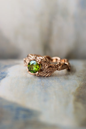 Green tourmaline engagement ring, leaves and grains ring - Eden Garden Jewelry™