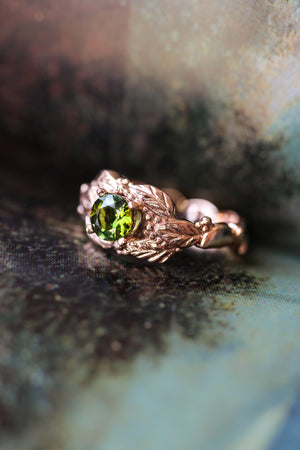 Green tourmaline engagement ring, leaves and grains ring - Eden Garden Jewelry™