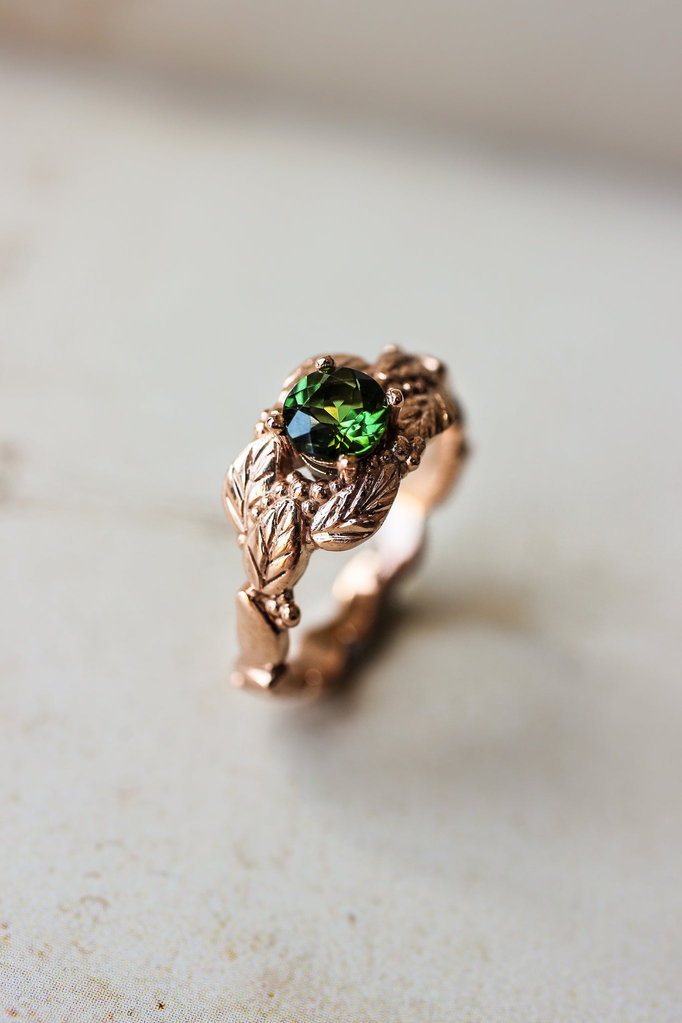 Green tourmaline engagement ring, leaves and grains ring - Eden Garden Jewelry™