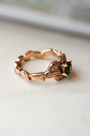 Green tourmaline engagement ring, leaves and grains ring - Eden Garden Jewelry™