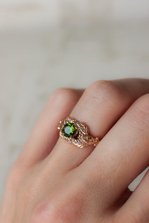 Green tourmaline engagement ring, leaves and grains ring - Eden Garden Jewelry™