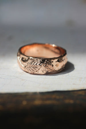 Nature wedding bands set: wide ring for him, rose flower ring for her - Eden Garden Jewelry™