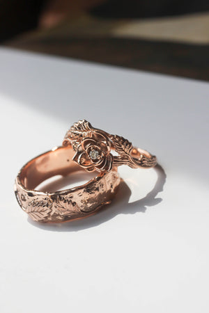 Nature wedding bands set: wide ring for him, rose flower ring for her - Eden Garden Jewelry™